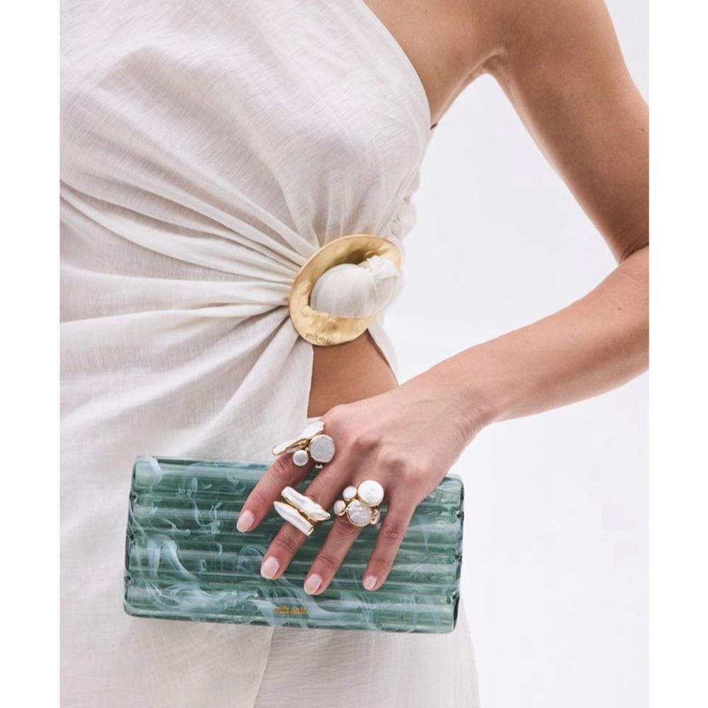 Cult Gaia Enid Box Clutch. Sea Spray/Brass.Excellent Condition.Repaired.